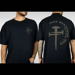 Iron Sharpens Iron Christian Faith T-Shirt – Proverbs 27:17 Bible Verse Tee, Minimalist Cross Sword Graphic Shirt, 100% Cotton Oversized Unisex Streetwear Gym Tee, Soft Breathable Pre-Shrunk Casual Everyday Wear