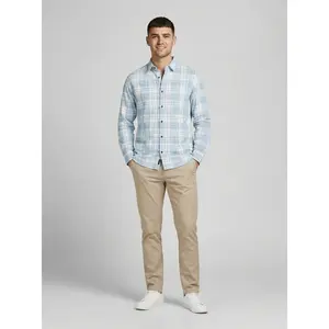 Men's Light Blue and White Plaid Button-Down Casual Shirt