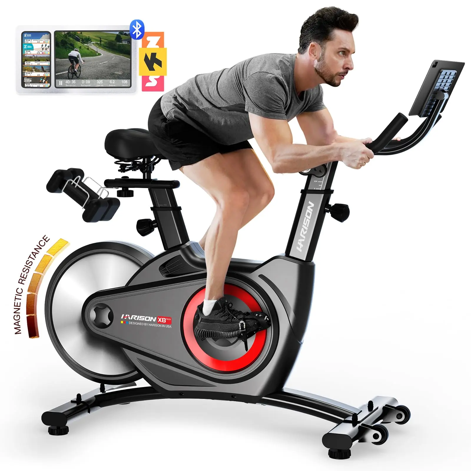 HARISON Quiet Magnetic Indoor Cycling Spin Bike - Commercial Grade Durability, Bluetooth, Comfy Seat, Tablet Holder, Transport Wheels, Water Bottle Holder, Adjustable Straps, Infinite Resistance Adjustment (350 LBS Capacity, TKHR-X8), Intelligent Technolo