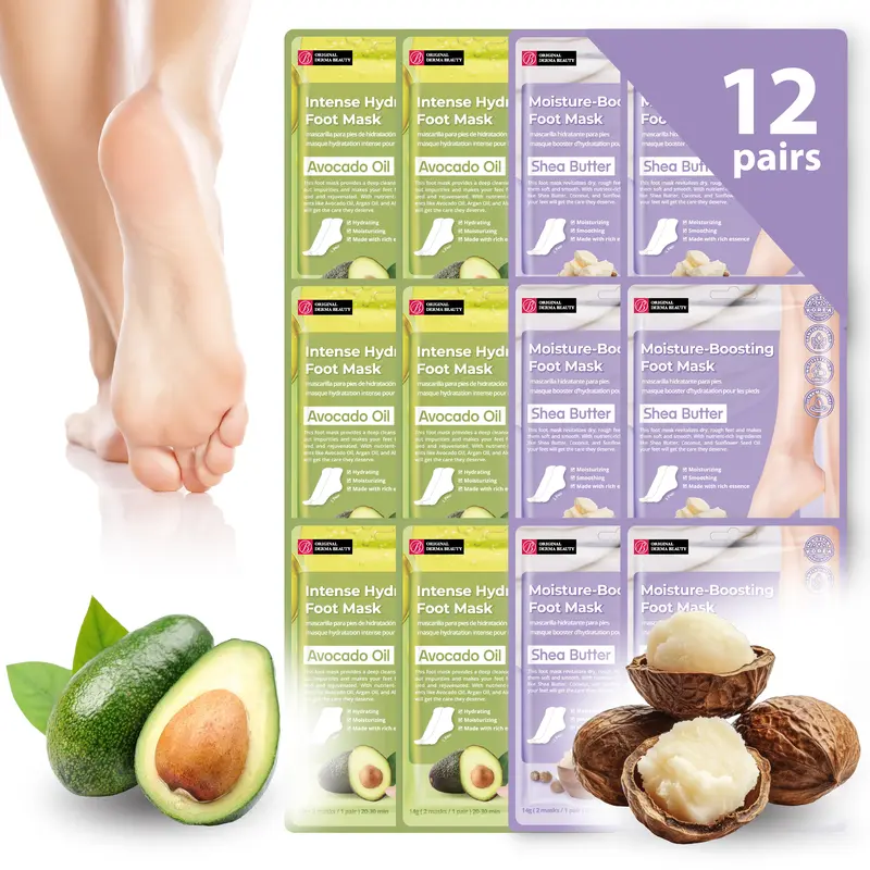 Original Derma Beauty Sheet Foot Mask - 6/12/24 Pairs, Shea Butter, Avocado, Charcoal, Hemp Seed, Fragranced, Lightweight Oil, Intensive Nourishing Moisturizer, Tender Smooth Korean Home Pedicure Essential