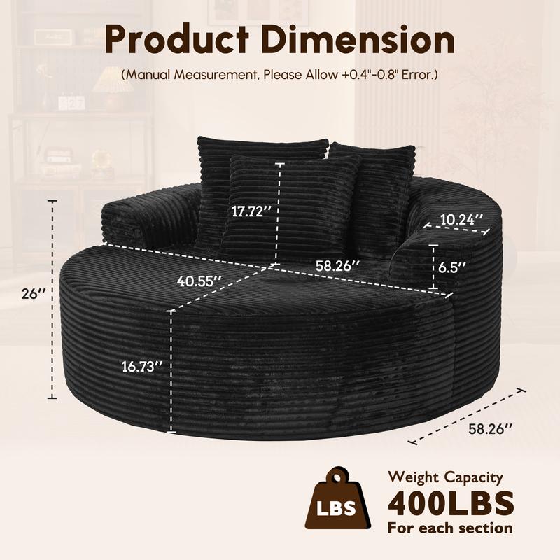 CAODOC 59" W Oversized Round Sofa Bed - Boneless&Modern O-Shape, Modern Deep Seat Couch with 3 Pillows, No Assembly Required, Plush Corduroy Fabric
