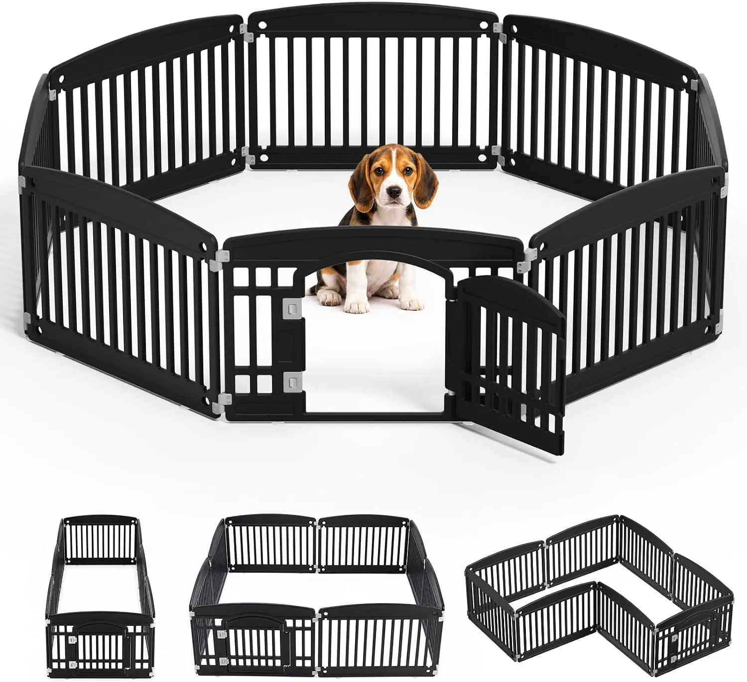 Black Foldable Pet Playpen for Indoor & Outdoor Use | 4/6 Panels with Door | Dense Bite-Resistant Non-Toxic Plastic（Anti-jump top cover sold separately） | Safe Play Area for Small to Medium Dogs & Cats