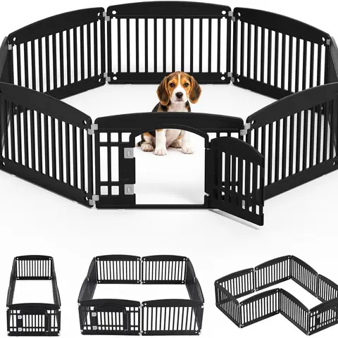 Black Foldable Pet Playpen for Indoor & Outdoor Use | 4/6 Panels with Door | Dense Bite-Resistant Non-Toxic Plastic（Anti-jump top cover sold separately） | Safe Play Area for Small to Medium Dogs & Cats