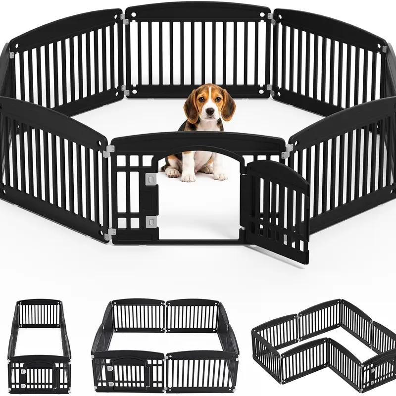 Black Foldable Pet Playpen for Indoor & Outdoor Use | 4/6 Panels with Door | Dense Bite-Resistant Non-Toxic Plastic(Anti-jump top cover sold separately) | Safe Play Area for Small to Medium Dogs & Cats