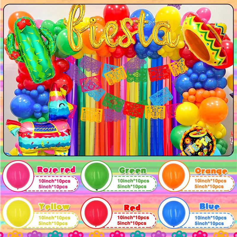 135pcs Fiesta Party Decorations，Mexican Party Decorations, Plastic Papel Picado Banner Cinco de Mayo Decor Day of the Dead Decorations，Fiesta Mexican Party Table Decoration Centerpiece，Taco Llama Cactus Balloons，Paper Streamer for Dia De Los Muertos