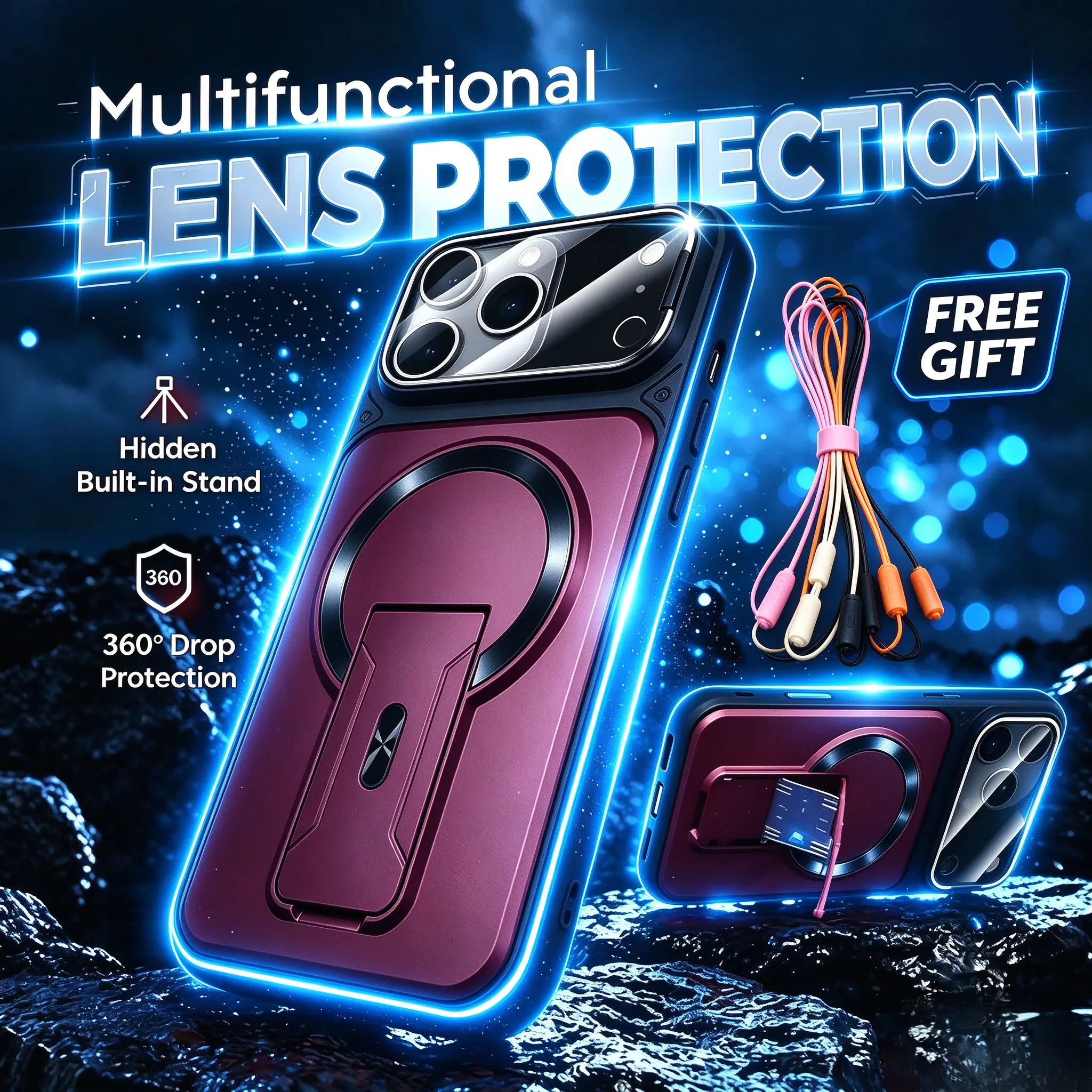 TAOKINALL Multifunctional iPhone Case with Hidden Stand Base – Comes with a Small Lanyard, Lens Guard & Invisible Accessory Features