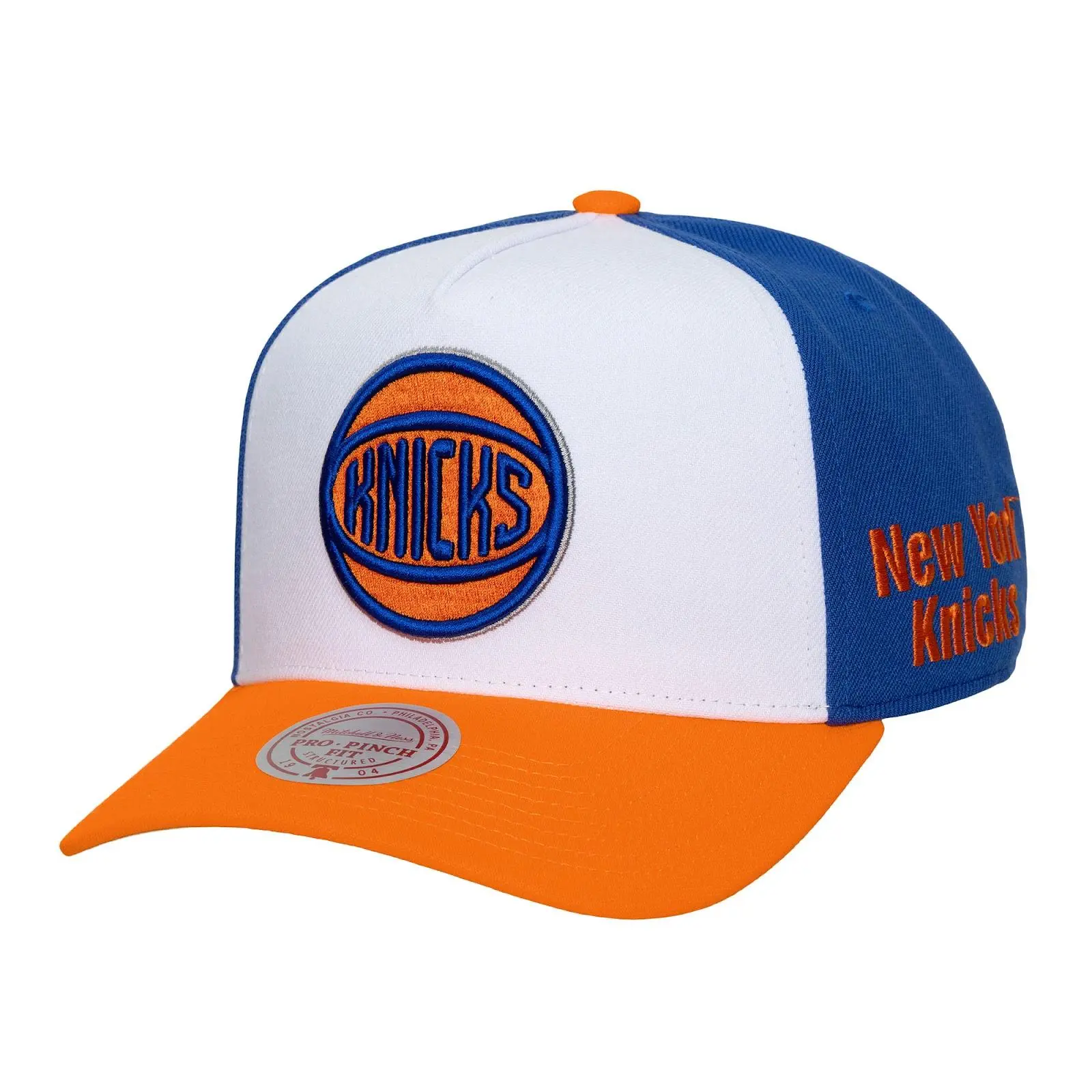 Mitchell & Ness NBA New York Knicks White/Blue Legendary Away Pro Pinch Fashion Snapback Hat - Acrylic, Adjustable, Casual, Knicks Logo, Graphic Throwback Fan Gear Cap