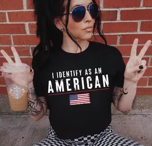 I Identify As An American Women's Casual T-Shirt - Black, Comfortable Fit, Crewneck, Ideal for Summer Wear, Streetwear Style Top Womenswear Festival Flowy