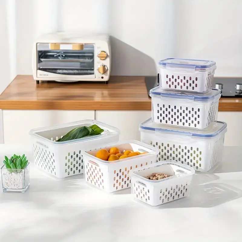 3-Piece Refrigerator Food Storage Containers, Sealed Fruit & Vegetable Boxes, Produce Storage Containers, Drainage Box, Kitchen Organizer, Fridge Organization, Fridge Organizers and Storage, Stackable Storage Containers