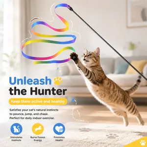 Interactive Cat Wand Toy with Rainbow Ribbon - Teaser Wand for Indoor Cats and Kittens - Unleash Hunting Instincts, Encourage Jumping and Chasing - Exercise and Mental Stimulation Pet Toy furry friend