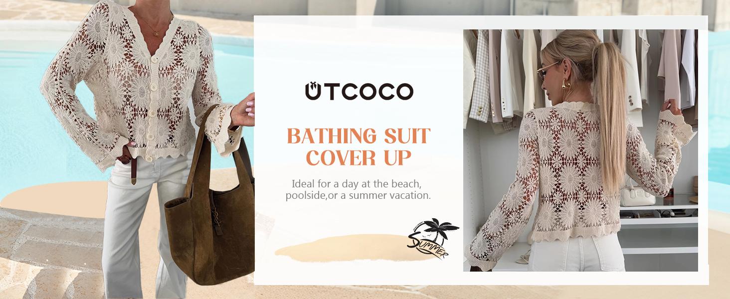 utcoco Womens Beach Vacation Crochet Knit Crop Cover Up Swimwear Sexy Hollow Out Long Sleeve Button Down Shirt Tops SpringStatements
