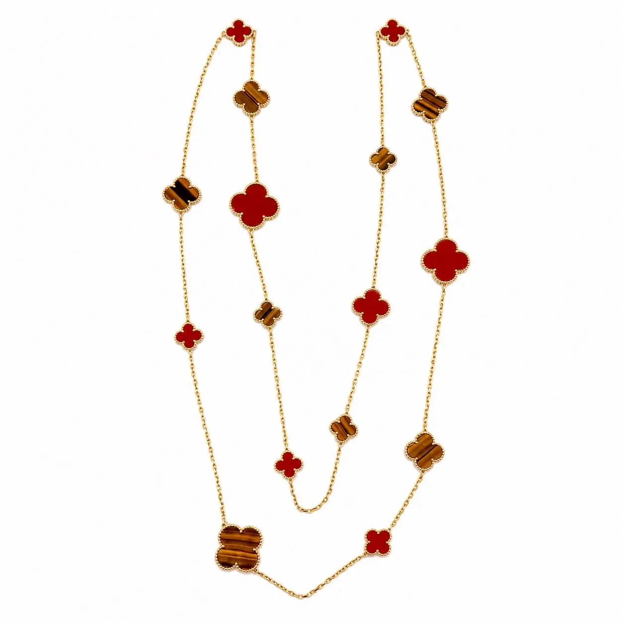 Pre-owned CALUXJ VAN CLEEF & ARPELS 18K Yellow Gold Tiger Eye Carnelian 16 Motifs Magic Alhambra Necklace