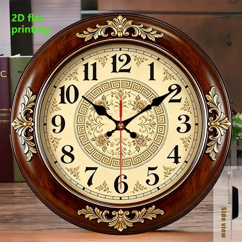 2D flat design. 1 piece set. European carved retro Wooden Wall Clock, silent decorative wall clock, creative wall clock, Home Decor, suitable for bedroom, living room, and office decoration, 25/30cm (excluding AA batteries), 2D flat version