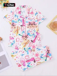 Women's Denim Print Pajama Set Pjs Outfit, Short Sleeve Shirt Collar Button Soft Top & Elastic Pants, Casual Home Wear Sleepwear Loungewear, Fitted