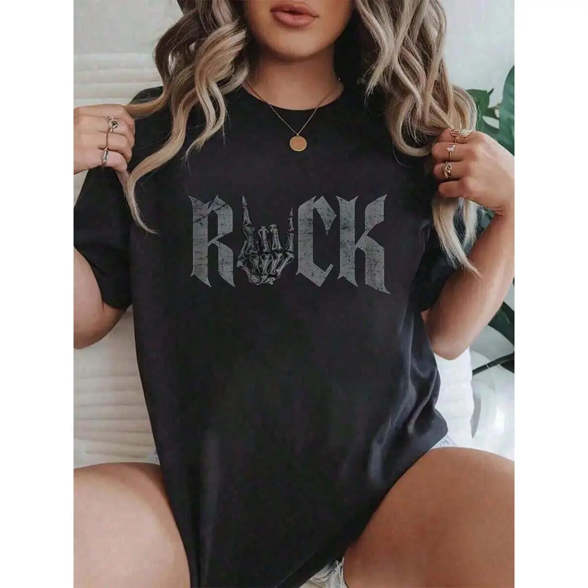 Women's % Cotton Short-Sleeve Round Neck T-Shirt - Rock On Skeleton Hand Rock Music Band Printed, Breathable Streetwear Lady Casual Top Suitable for All Seasons