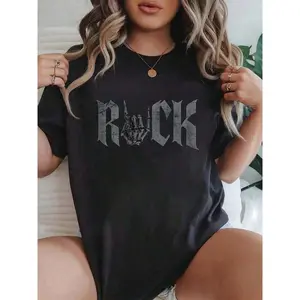 % CottonRock On Skeleton Hand Rock And Roll Rock Music Band Printed-Shirt Short-Sleeved Crew Neck Casual Top Suitable All Seasons Women'S WearCasual VersatileCóModo Y Transpirable