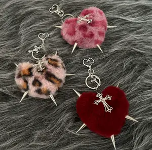 Plush Leopard Print Studded Heart Bag Charm - Y2K Subculture Keychain, Fashion Waist Ornament Accessory