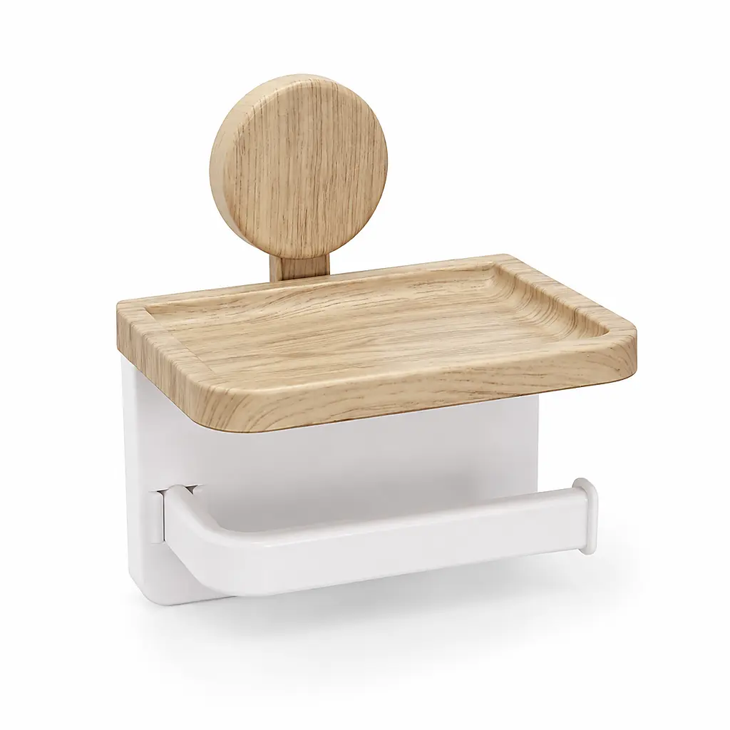 Punch-Free Wall Mount Toilet Paper Holder, Metal Bathroom Accessory with Walnut Wood Grain Storage Shelf, Multifunctional Phone Tray and Waterproof Smooth Surface - No-Drill Adhesive for Cleaning Convenience, Water Proof