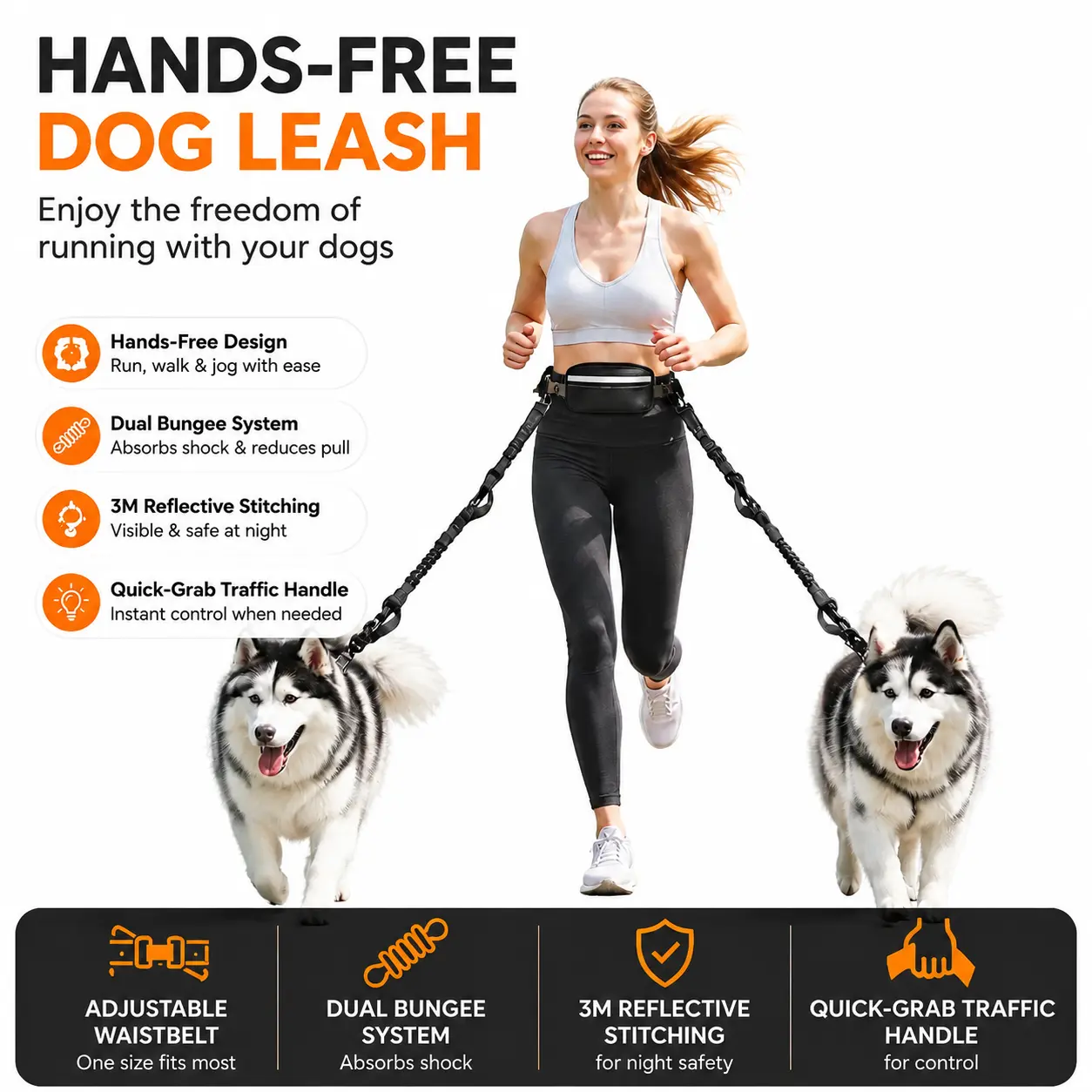 Hands-Free Dog Leash with Waist Belt - Reflective Nylon Fabric, Bungee Cord, Shock Absorption, Adjustable Design, Dual Handles for Medium & Large Dogs (Walking, Hiking)