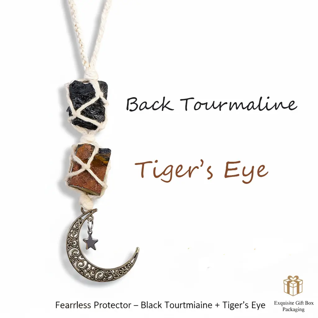 Handmade Dual Natural Stone Car Mirror Hanger - Black Tourmaline-Tiger’s Eye Charm, Witchy Grounding Car Interior Decoration for Daily Driving, Protection, Focus, Courage, New Beginnings Thoughtful Gift