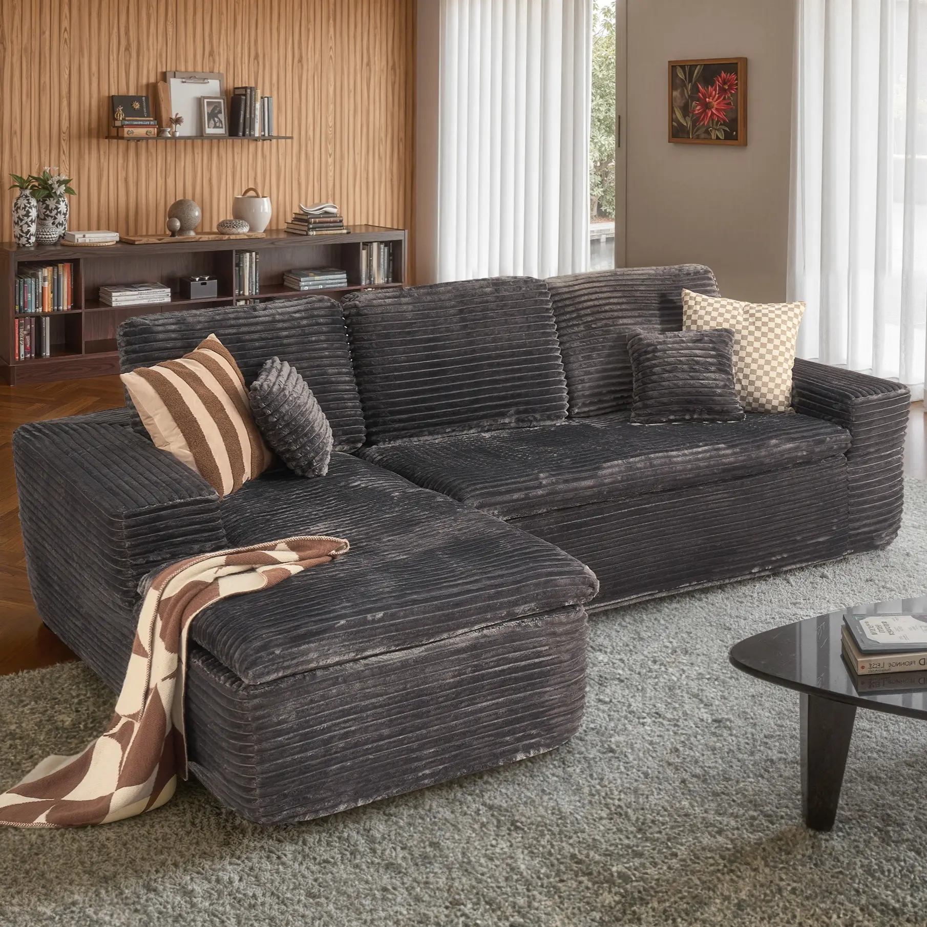 Grey Plush Corduroy Left Chaise