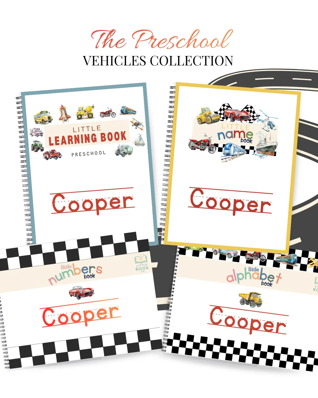 4 Book Set: The Preschool Vehicle Collection- Learning Book, Name Book, Number Book & Alphabet Book Bundle