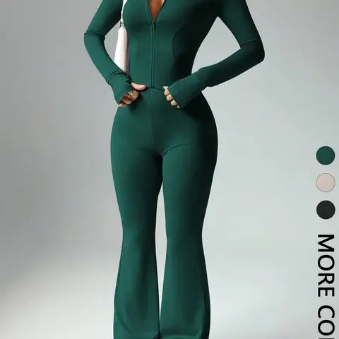 Women's 2-Piece Outfit Set, Basic Minimalist Plain Solid Long Sleeve Zipper Jacket + Wide Leg Flared Pants, Casual for All Seasons, Fitted Clothing Set Apparel