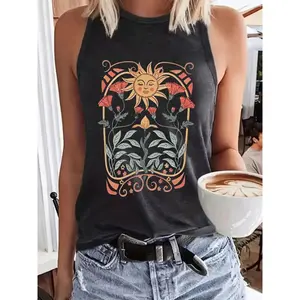 Women's Floral, Sun & Graphic Print Round Neck Fitted Tank Top, Boho Sleeveless Crew Neck Top for Summer, Ladies Casual Clothes for Daily Wear, Womenswear