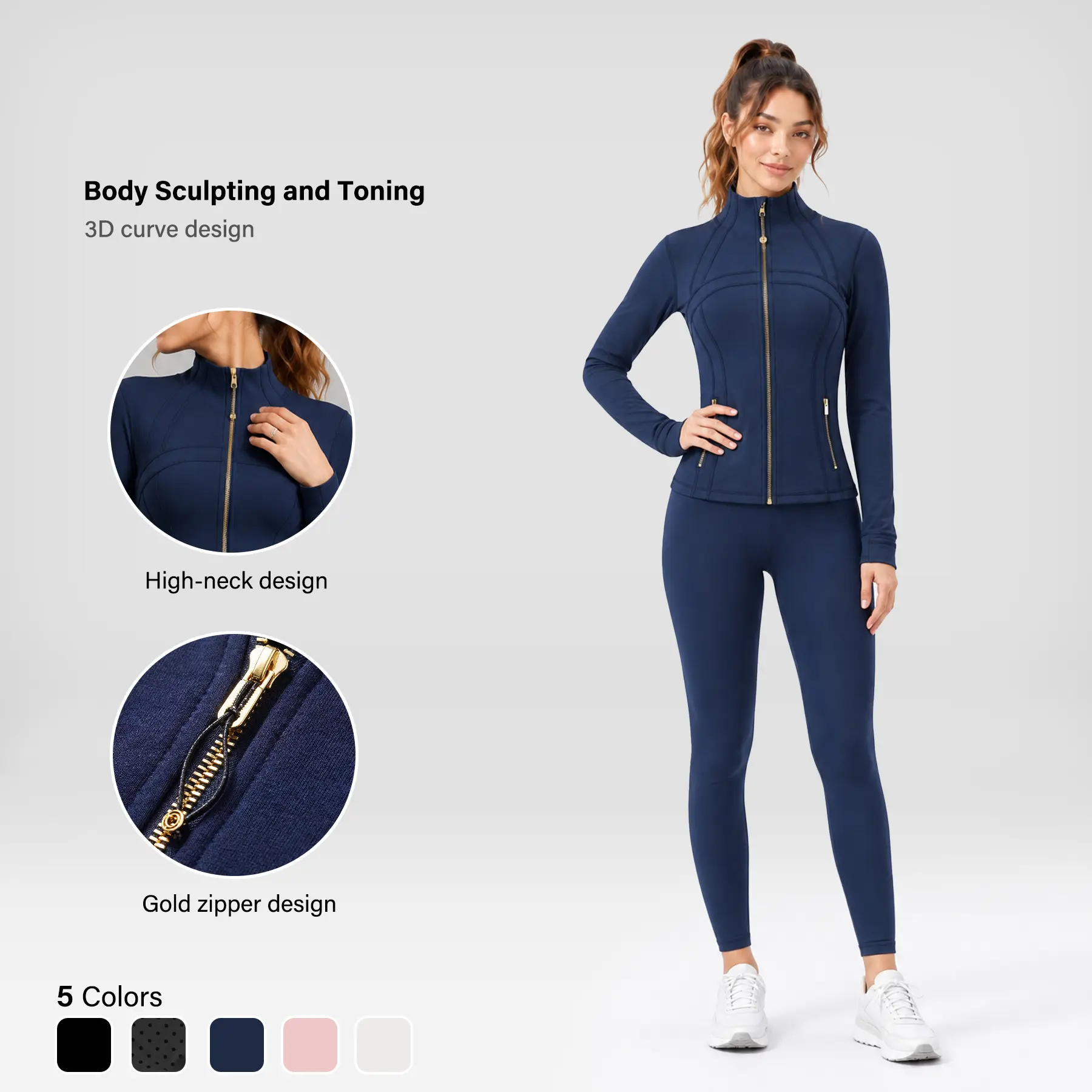 Women's Workout Clothes Girly Gym Stuff Slim Fit Full Zip Jacket with Pockets or High Waisted Tummy Control Leggings Booty Lift Yoga Pants Separate Sales Stand Collar Tracksuit Pilates Set Trendy Athleisure Wear for Gym Training Running