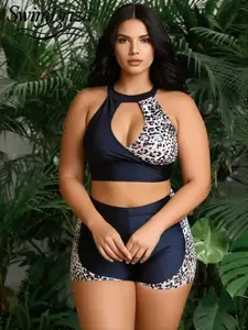 Briza｜Halter Cutout Two-Piece Swimsuit In Black Leopard Print, Plus Size Swimwear For Vacation Swimwear For Women, Styled As Tankini With Shorts And High Waisted Bikini Sets With Tummy Control Swimwear Support, A Swim Shorts Set Women Love