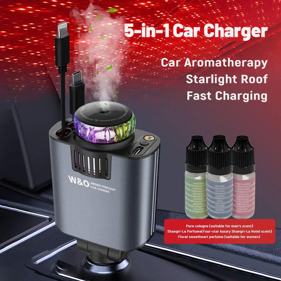 W&O 5-in-1 Starlight/Airfreshener Car Charger-Retractable Cables with Star Projector Headliner, 2 USB Port Adapters, Durable Design for Easy Use