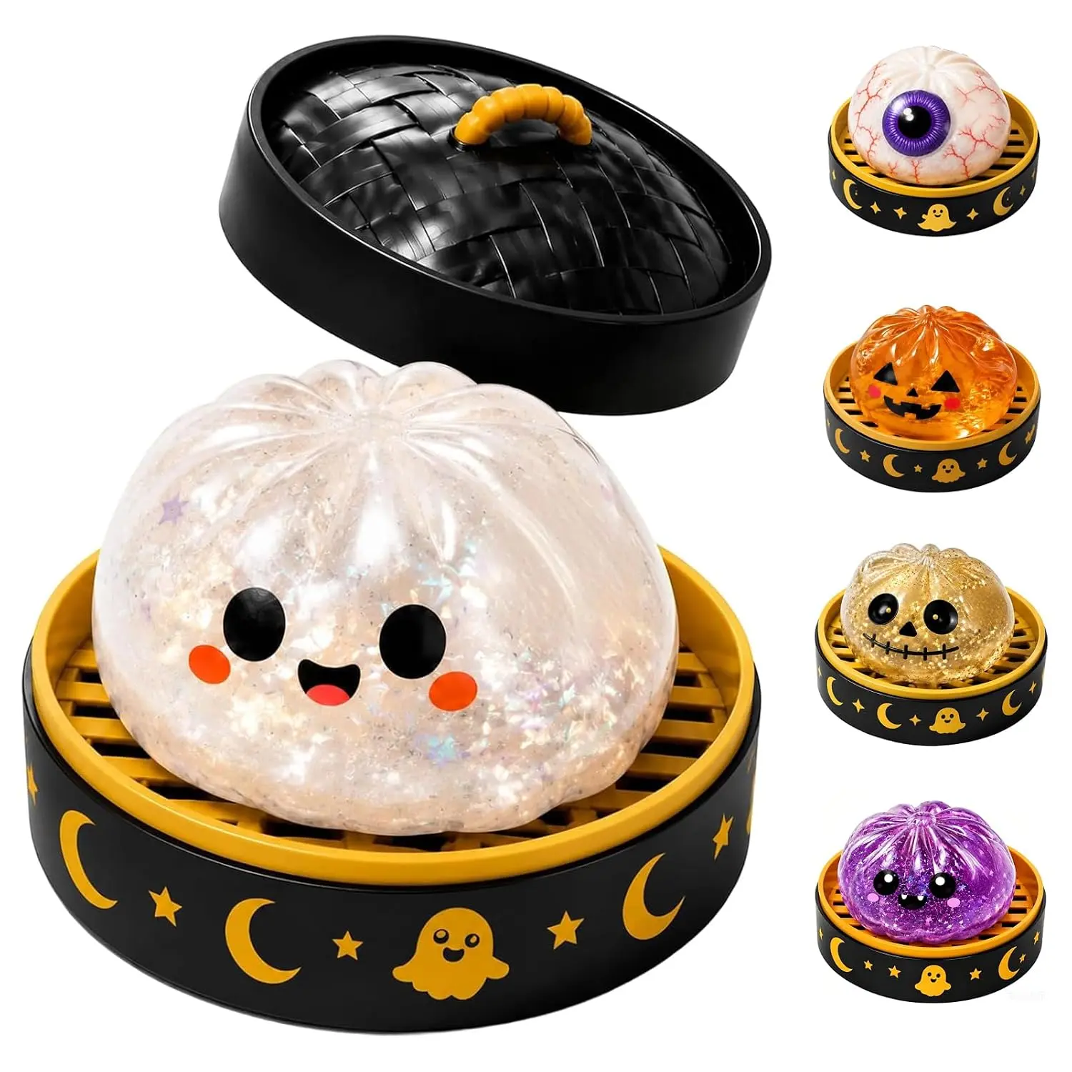 Halloween Dumpling Squishies Toy with Steamer, Squeeze Stress Ball for Anxiety Relief, Cute Ghost Pumpkin Fidget Sensory Toy for Halloween Party Favor Gift