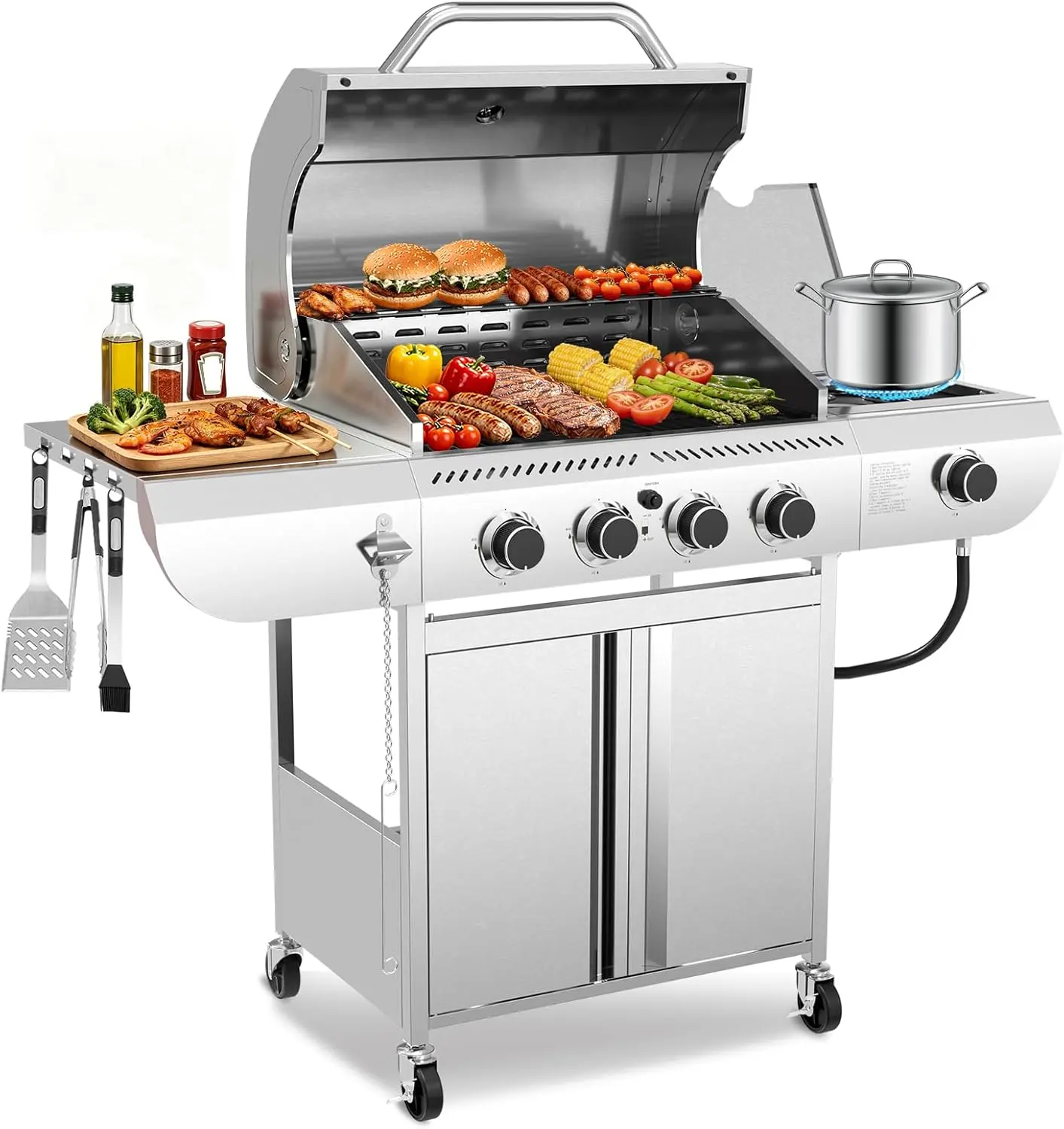 4-Burner Propane Gas Grill with Side Burner, Stainless Steel 42,000 BTU BBQ Grill, Cast iron Griddle & Enamel Grates, Barbecue Grill for Outdoor Cooking, Backyard, Patio, Deck Camping summerwins,summerwins,father'sdaygifts,campingessentials,campinggear