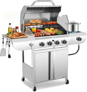 4-Burner Propane Gas Grill with Side Burner, Stainless Steel 42,000 BTU BBQ Grill, Cast iron Griddle & Enamel Grates, Barbecue Grill for Outdoor Cooking, Backyard, Patio, Deck Camping