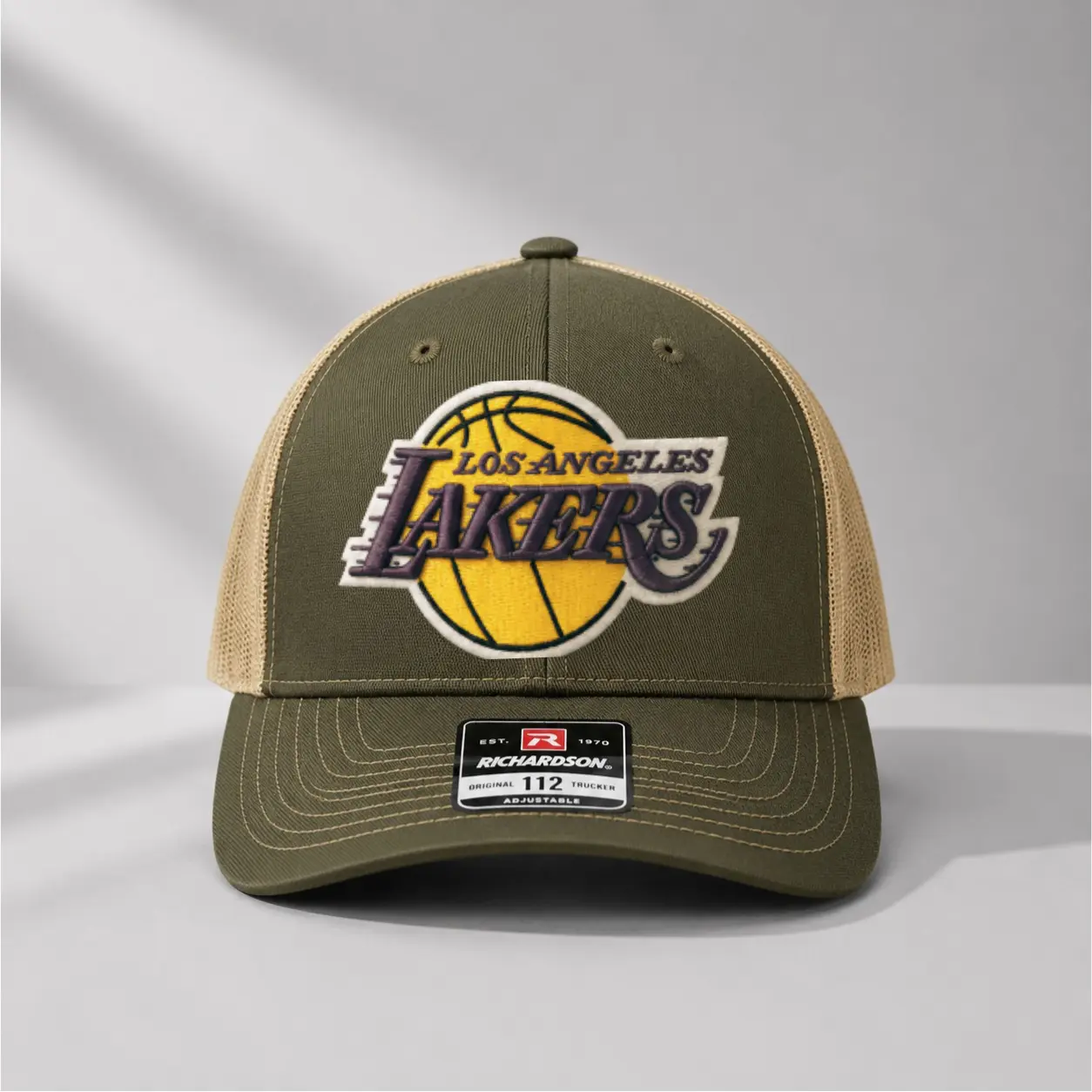 Vintage Los Angeles Lakers Basketball-Inspired Trucker Hat - Olive Green Mesh-Back Snapback Cap with Embroidered Sports Patch, Adjustable Unisex Casual Streetwear Sports Collectible Headwear