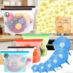 15-Pack Reusable Storage Bags Set - 6 Leakproof Silicone Food Storage Bags, 3 Beeswax Wraps and 6 Silicone Stretch Lids for Meat, Fruit and Vegetables