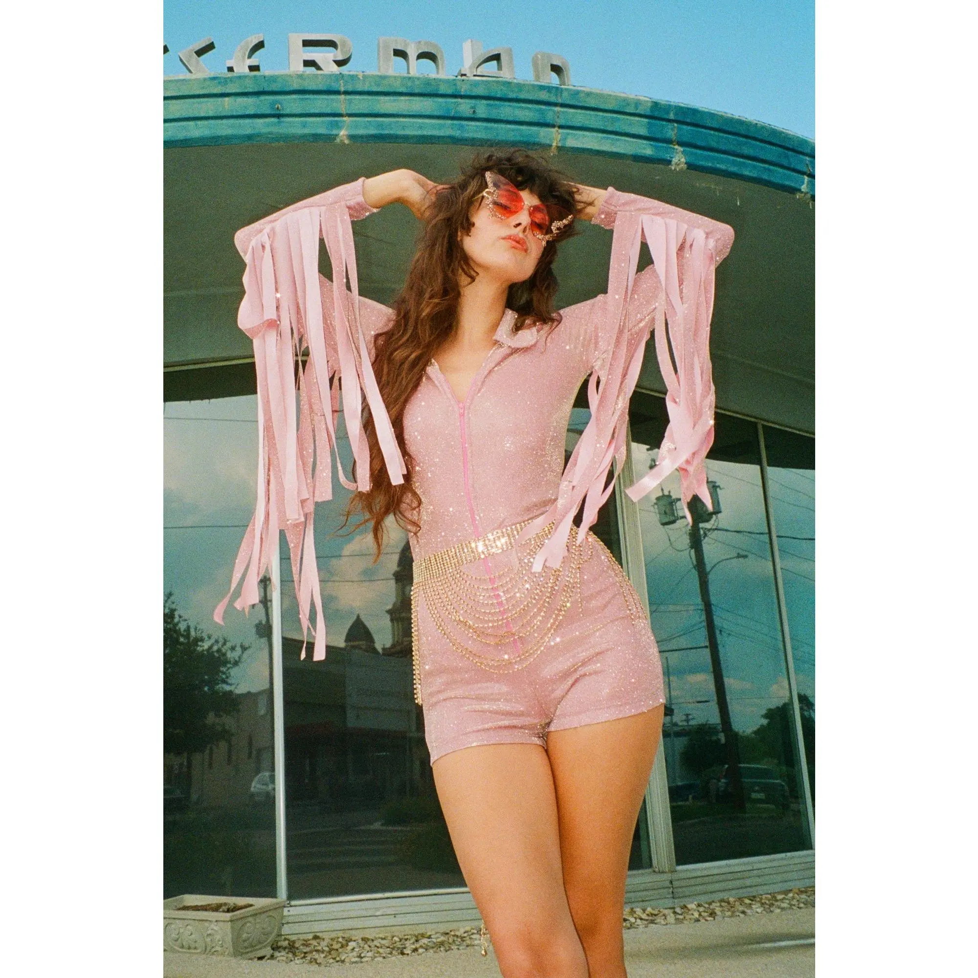 Glitter Fringe Romper in Dusty Rose