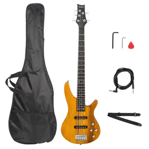 Flower Dance GIB Electric 5 String Bass Guitar Full Size Bag Strap Pick Connector Wrench Tool Transparent Yellow with Bass Bag Strap Amp Wire Wrench Tool & Plectrum