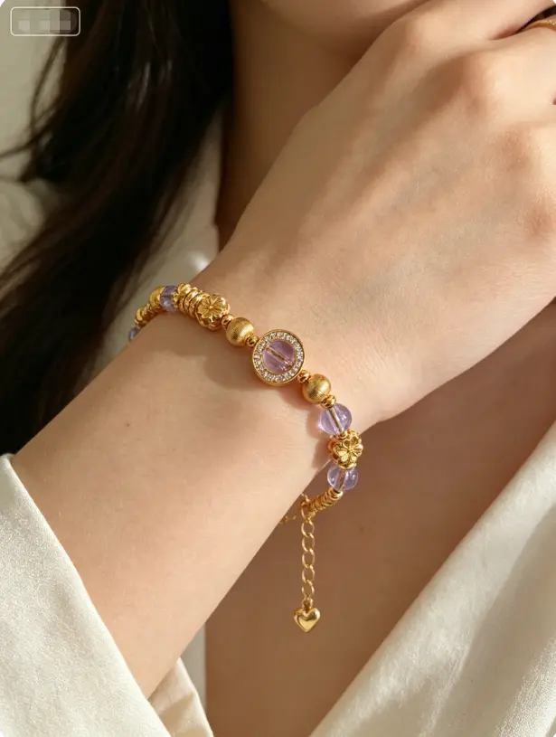 Women Fine Bracelet, Premium 18K Gold Plated Chain with Natural Transparent Purple Crystal Beads, Round Rhinestone Crystal Centerpiece Adjustable Heart Extender Bracelet