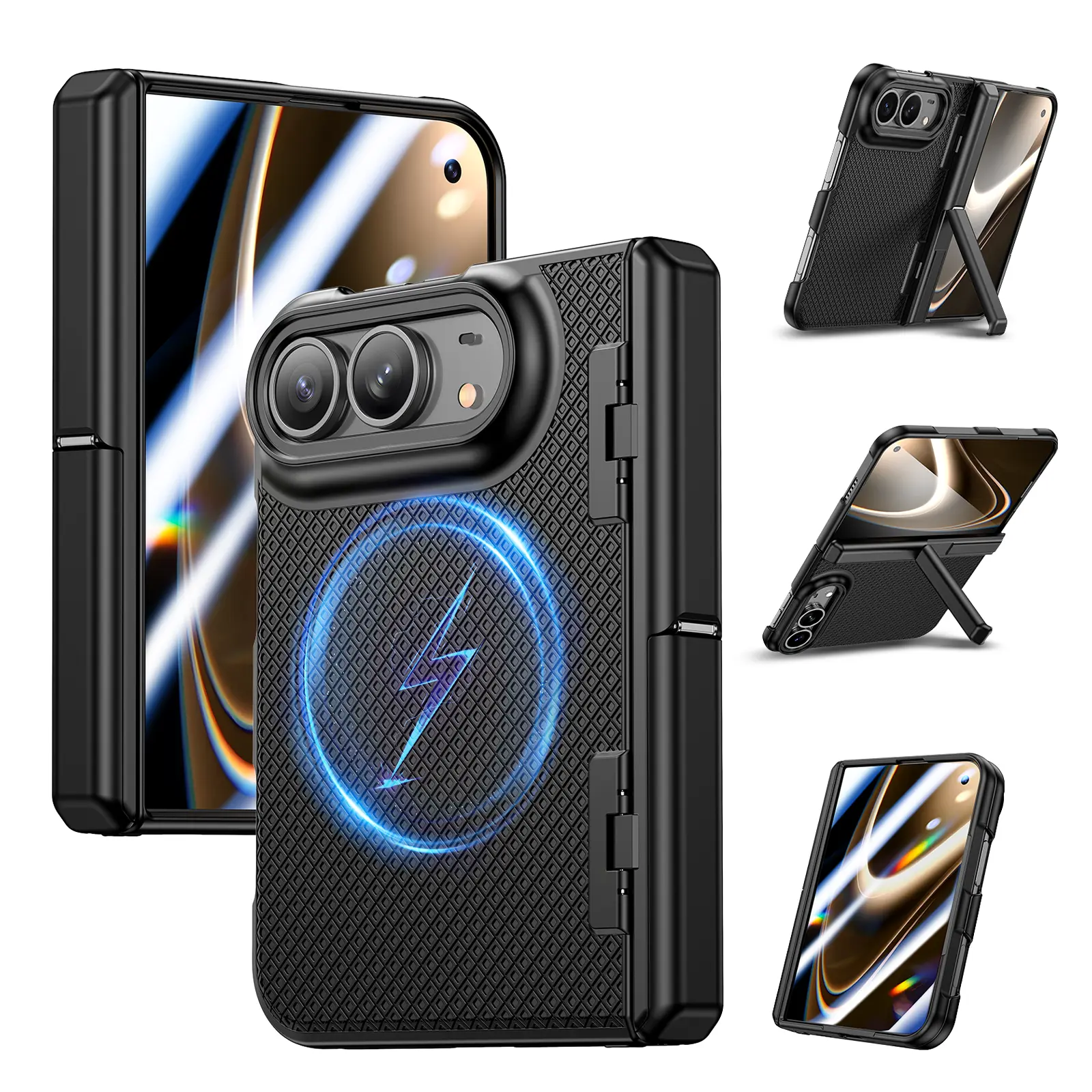AnyMoon Versatile Magnetic Magsafe-Compatible Polycarbonate Duo Case for iPhone - Built-in HD Screen Protector, Hinge Protection, 0-60° Hidden Adjustable Kickstand, 360° Heavy-Duty Drop-Proof Rugged Cover, Anti-Slip Smudge-Proof Grip, Magsafe Charger