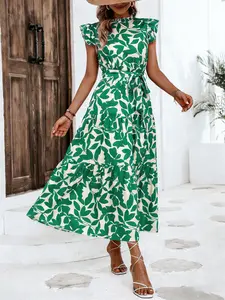 A women's fashionable Boho printed ruffled puff sleeve stand collar tie-up fairy dress, suitable for summer, beach vacations, dates, gatherings, and other casual occasions.