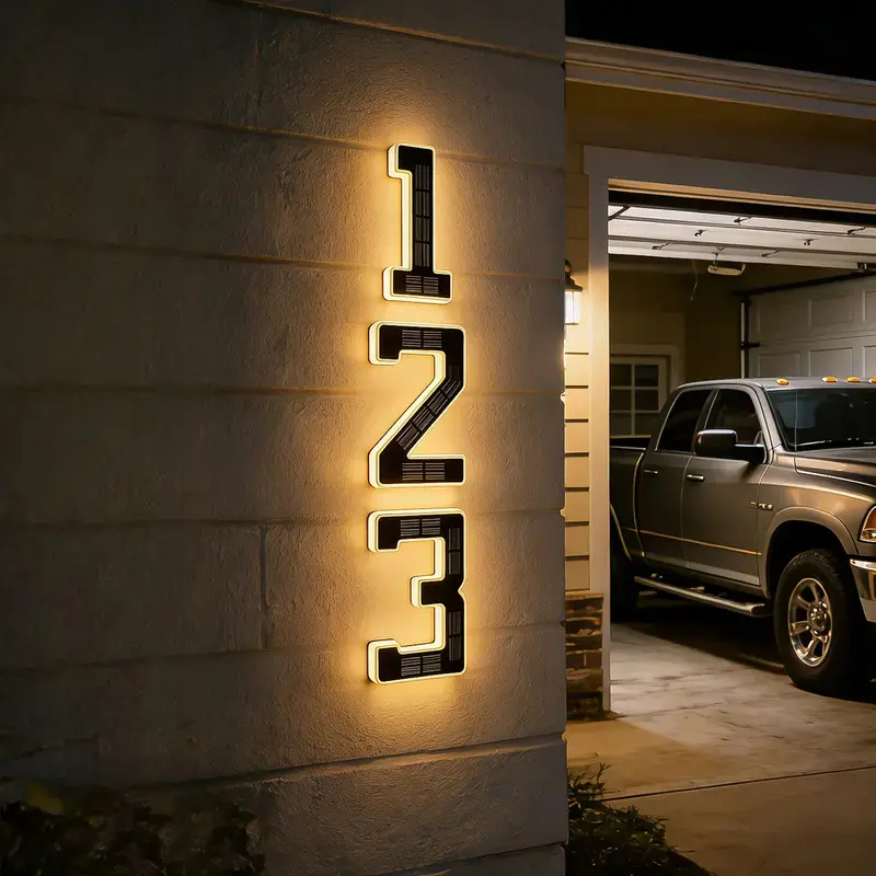6.7 Inch Solar Powered Backlit House Numbers for Outside, Waterproof LED Light Up Illuminated Address Number Signs, Modern Exterior Solar House Number Lights for Home Courtyard