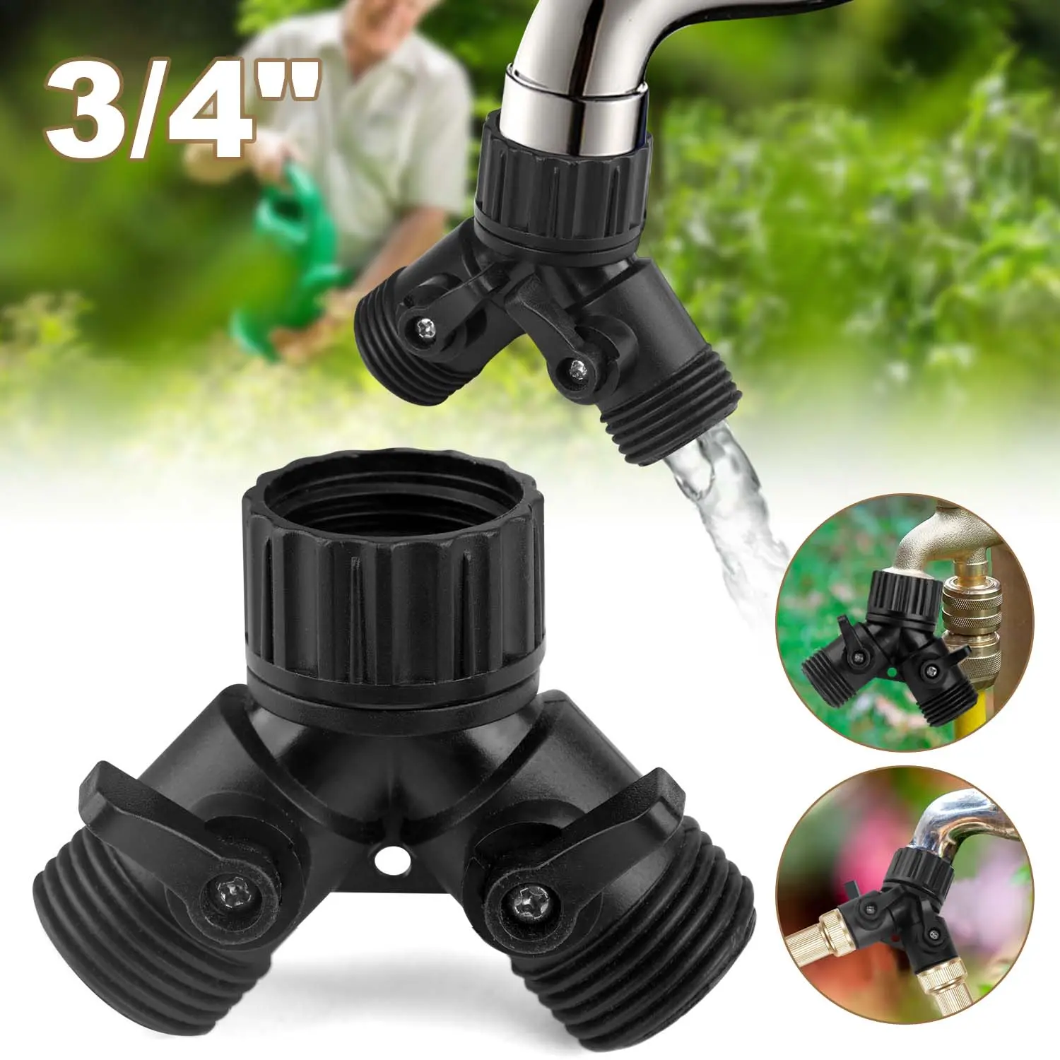 Adjustable Y-shaped Garden Hose Splitter with Quick Connect Double Way Water Connector and Shut-off Valves, US Standard, for Outdoor Irrigation and Lawn Watering