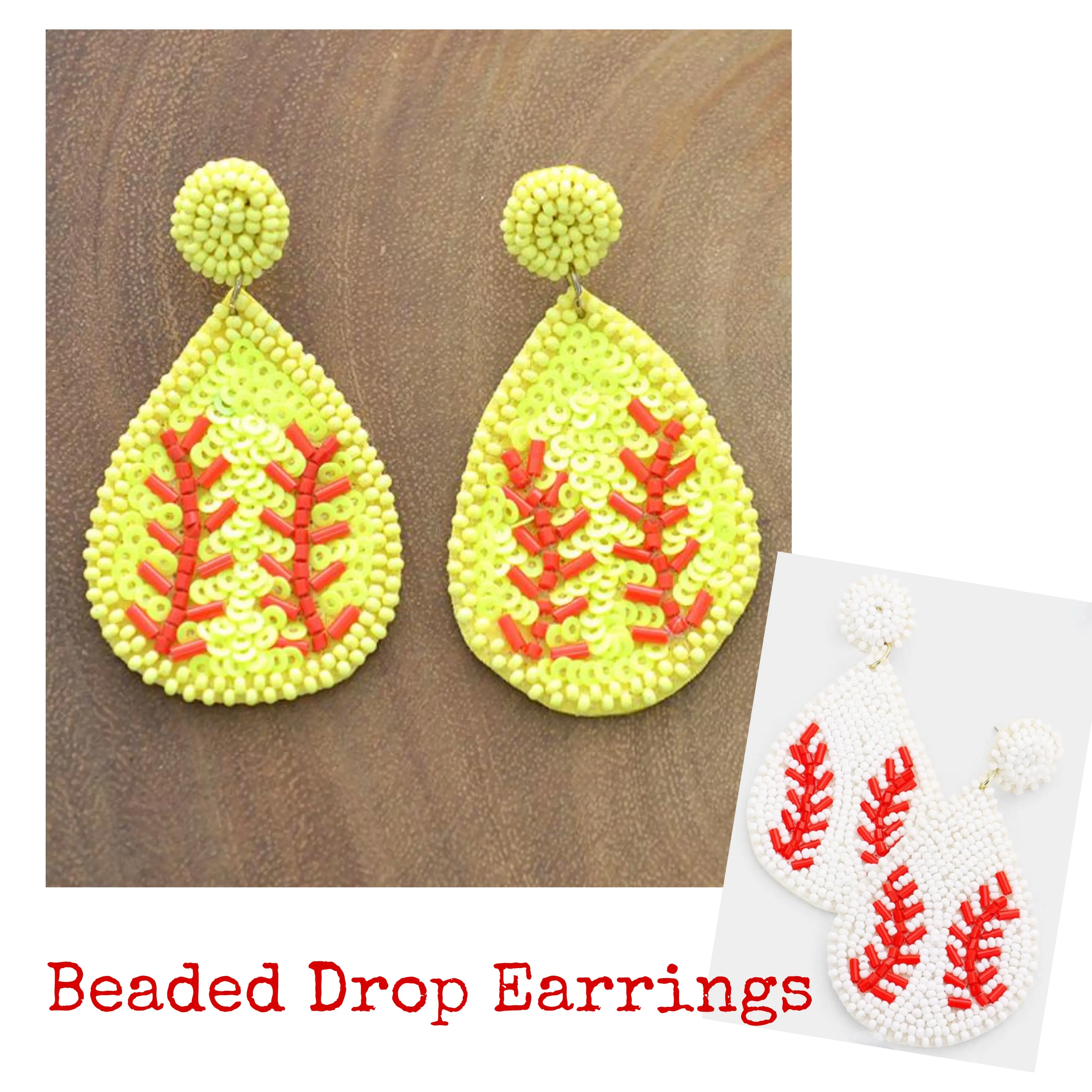 Female Beaded Drop Earrings - Sports Baseball & Softball Costume Jewelry, Lightweight Game Day Outfits Accessory, Universal Fit, Casual Wear (Choking Hazard: Small Parts)