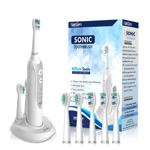 NetGen Sonic Electric Toothbrush for Adults with 5 Toothbrush Replacement Heads, 3 Brushing Modes & 2 Minutes Built-in Timer, Travel Toothbrushes with Inductive Charging, Rechargeable toothbrush - White - Oral