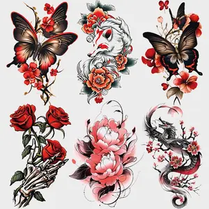 6 Sheets Colorful Butterfly Rose Skull Hand Dragon Temporary Tattoo Stickers, Waterproof Realistic Body Art Tattoos for Men Women