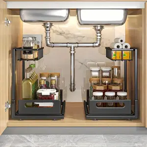 Kitchen Sink Steel Storage Rack, 1/2 Counts Pull Out Cabinet Storage Rack, Multifunctional Organizer for Kitchen Bathroom