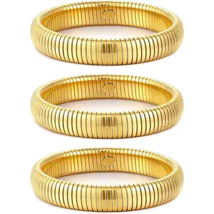 Gold Bangles for Women Set of 3 Chunky Stretch Bangles Bracelets 24K Gold Plated Stainless Steel Bracelets Flexible Wide Stack Bracelets Designer Look Alike Jewelry for Women