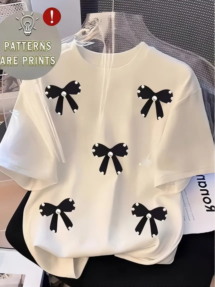 Bow Print T-Shirt with Black Bow Design, Short Sleeve, Crew Neck, Casual Style, Perfect for Daily Wear