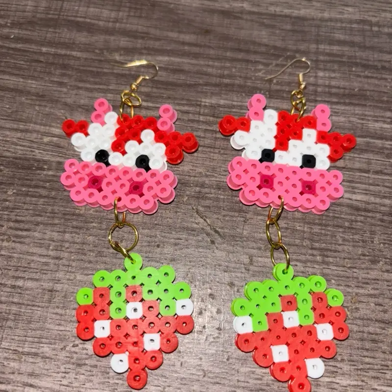 Homemade Strawberry Cow Perler Earrings